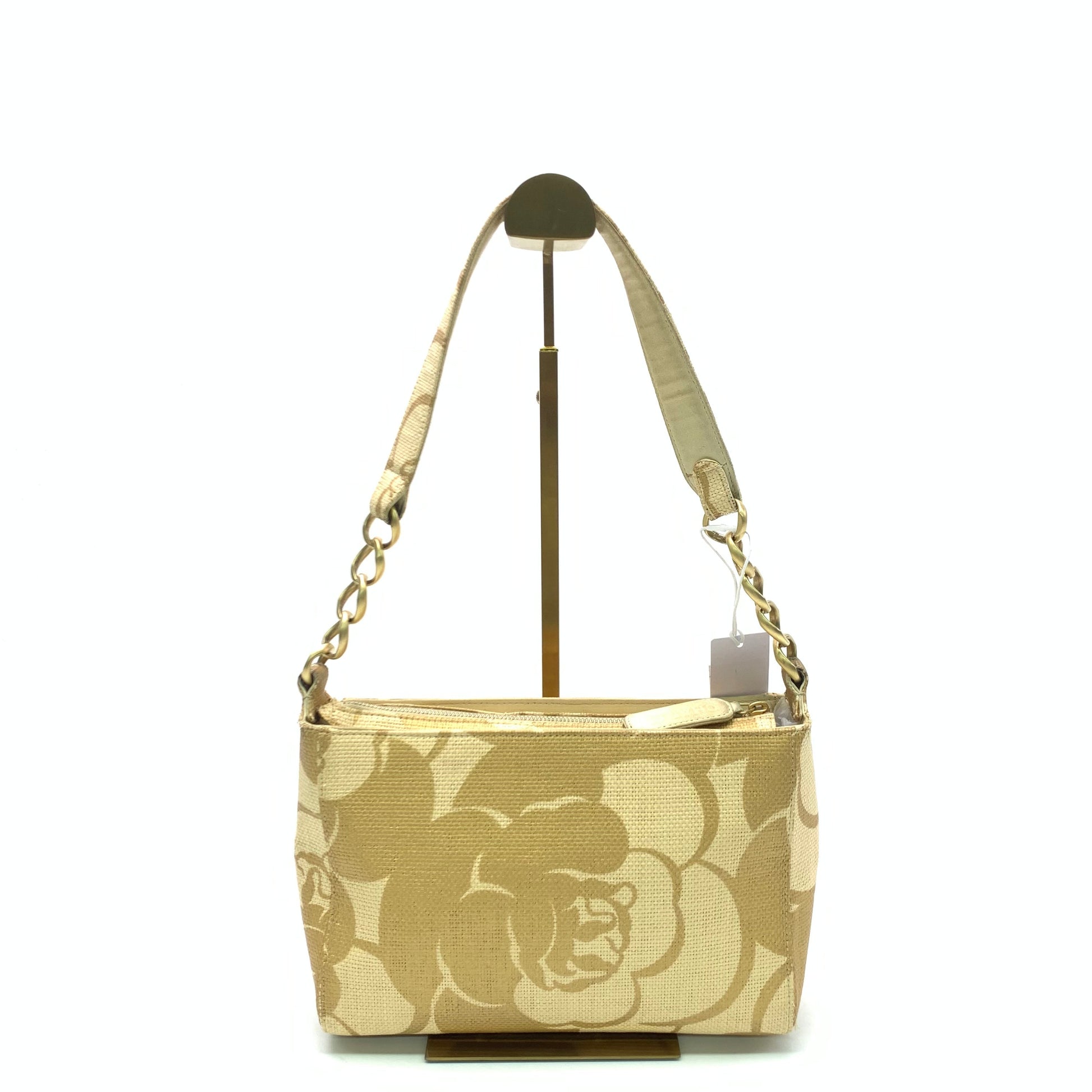 Chanel Woven Raffia Camellia Print Gold Beige Shoulder Bag