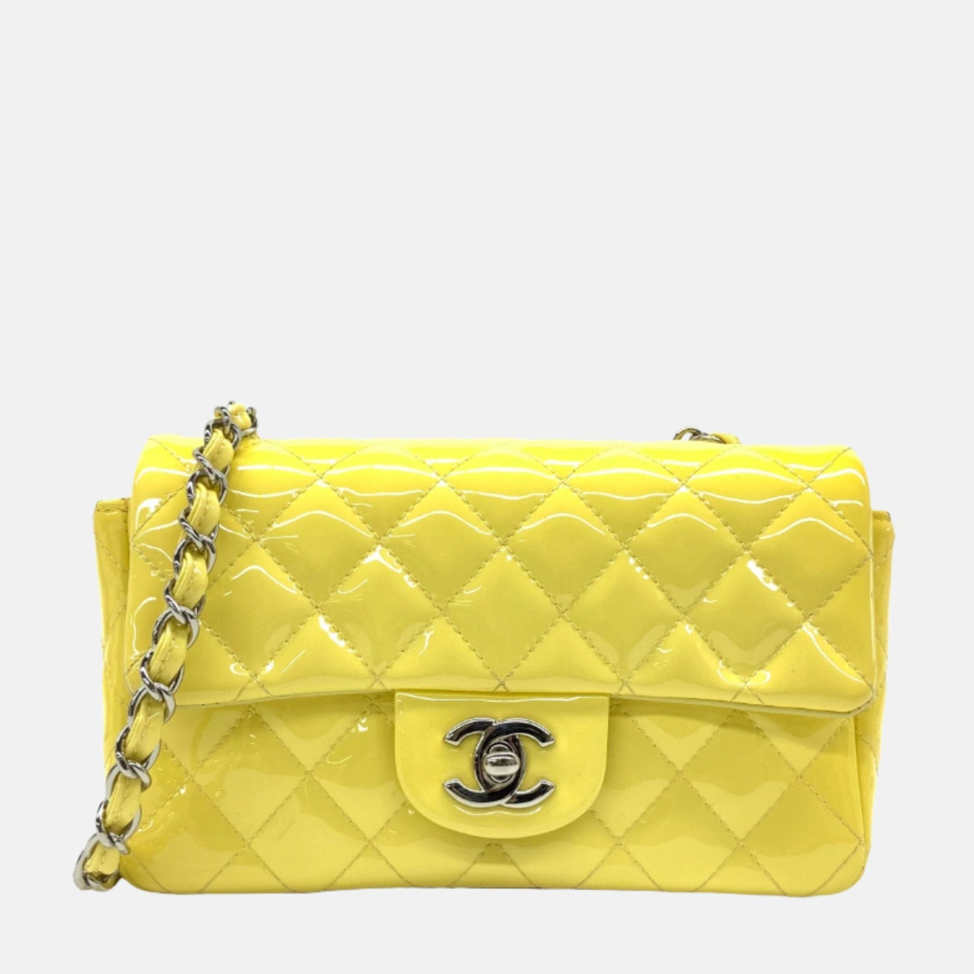 Chanel Classic Flap Rectangular Yellow Patent HW Silver Leather Mini Bag