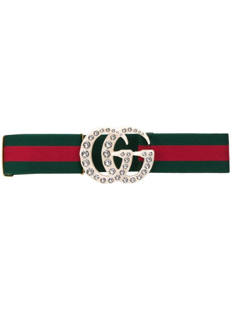 Gucci - Web elastic belt with embellished GG - women - Cotton/PVC/glass - 70, 65 - Green