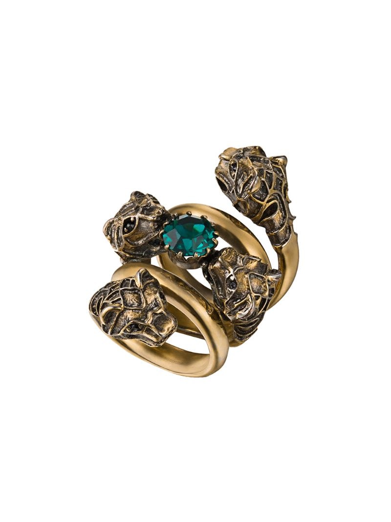 Gucci - Double wrap ring with tiger heads - women - metal/Crystal - 54 - GOLD
