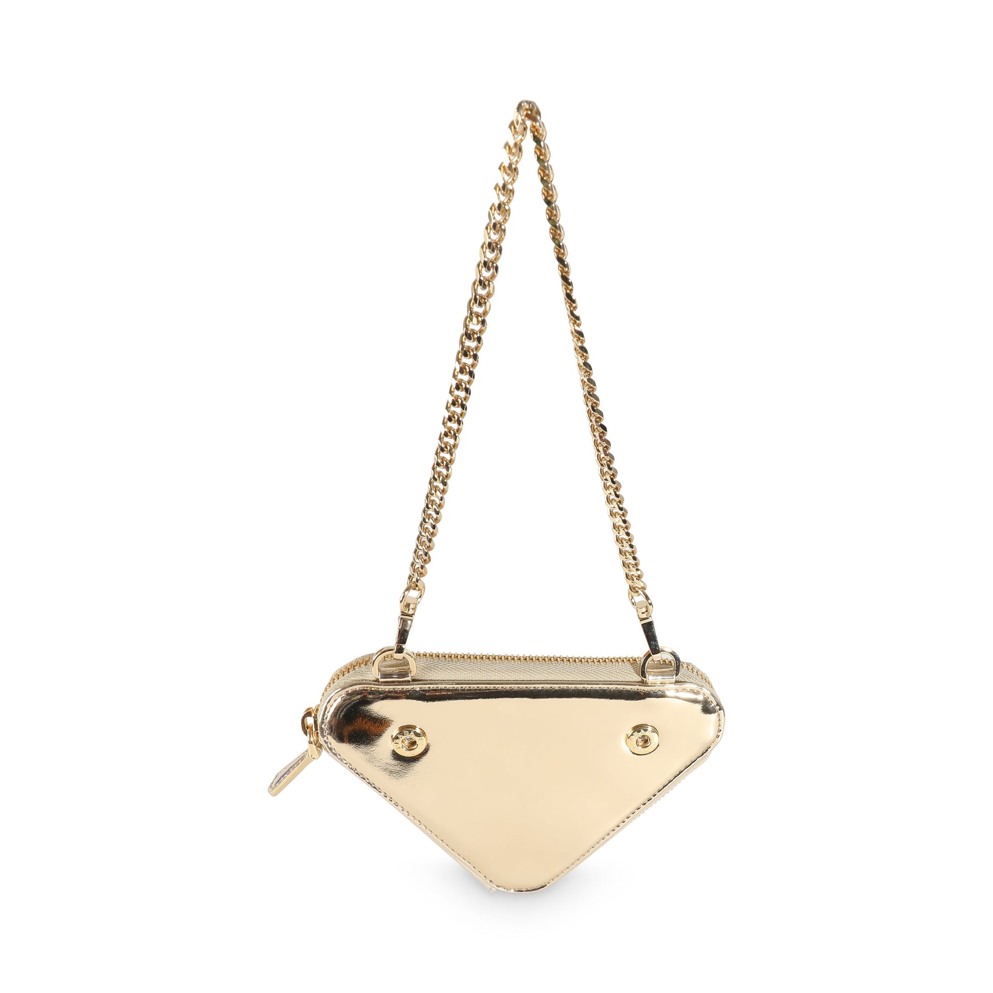 Prada Crystal Embellished Triangular Pouch Luxury Handbag Satin Gold Mini Clutch Bag