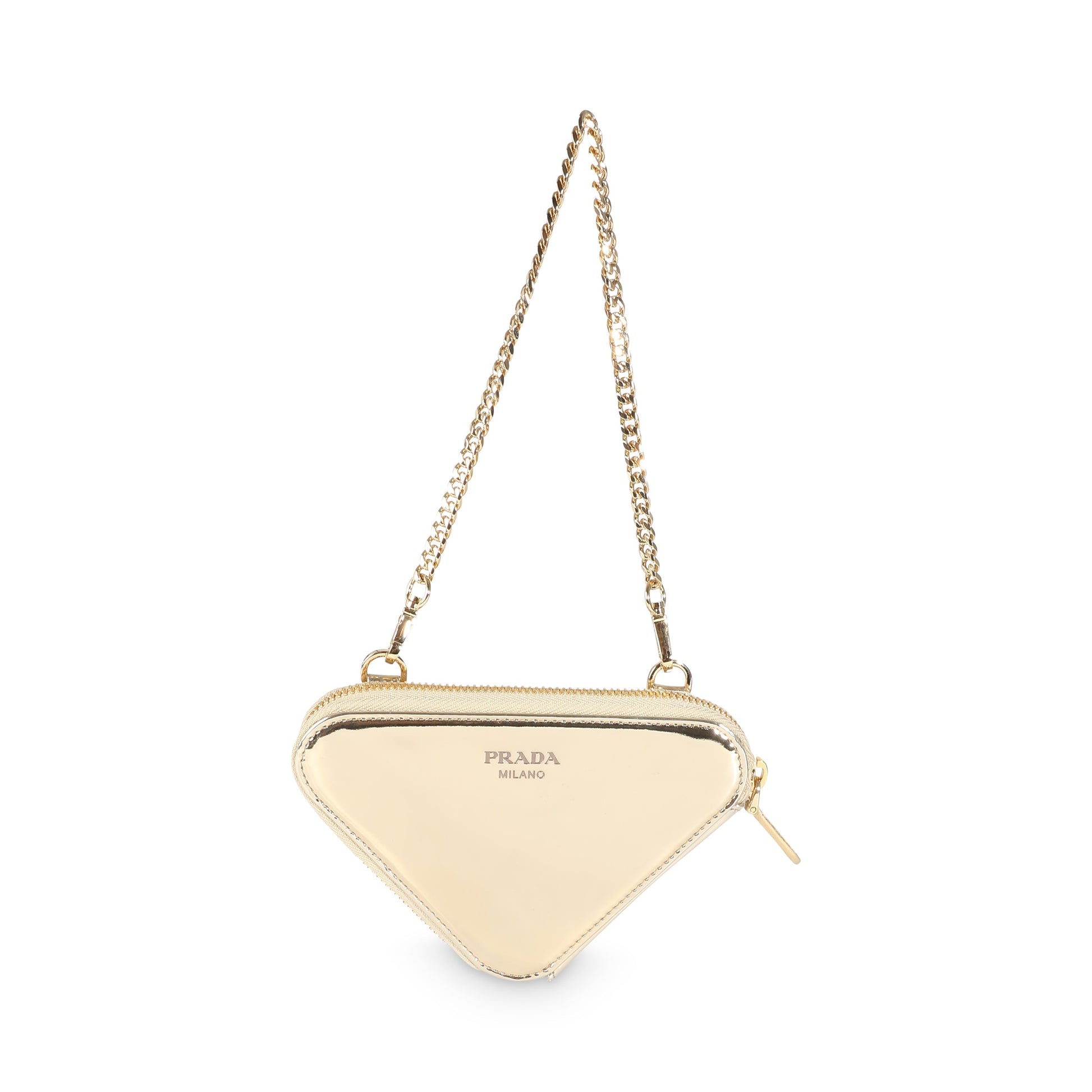 Prada Crystal Embellished Triangular Pouch Luxury Handbag Satin Gold Mini Clutch Bag