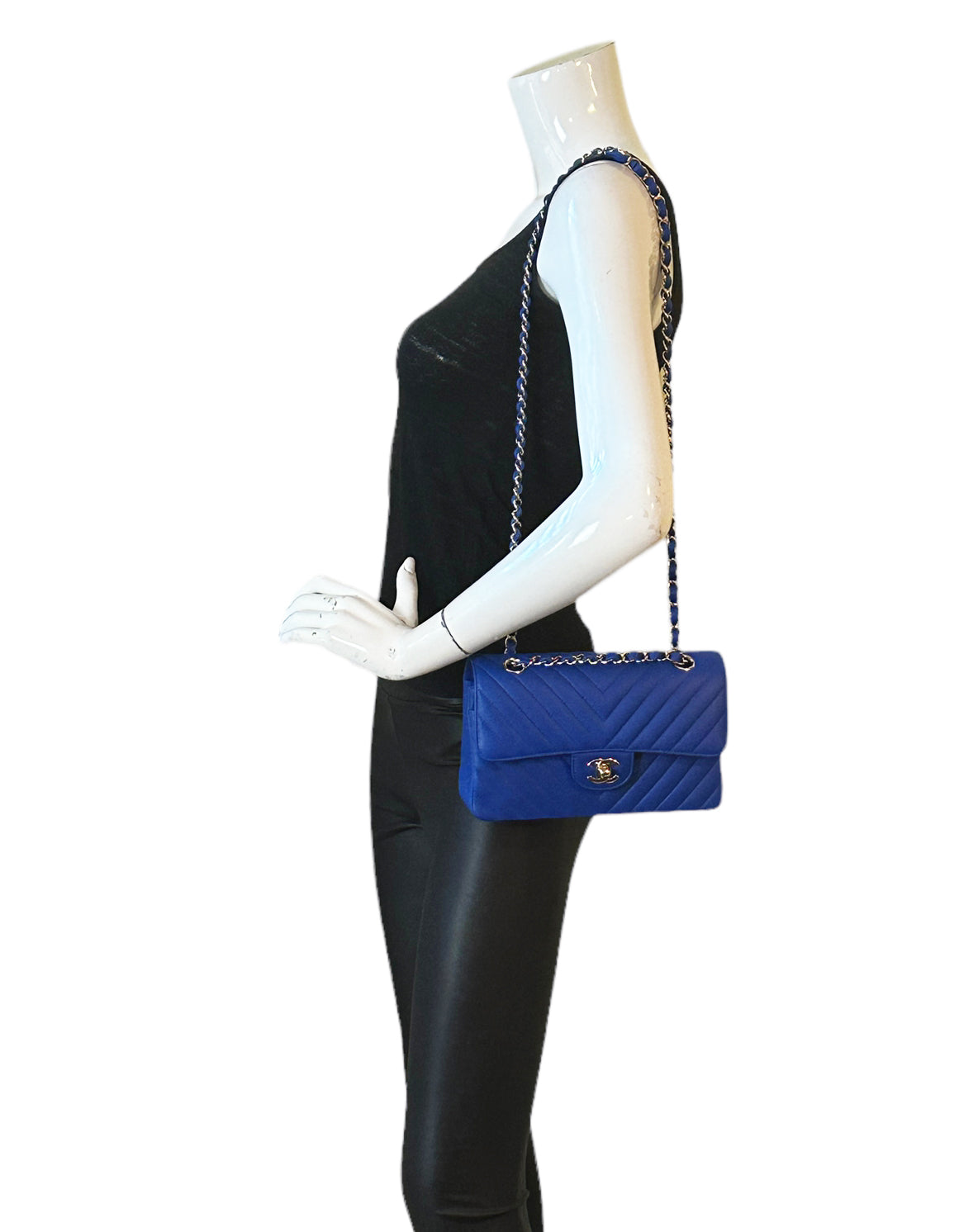 Chanel Blue Caviar Chevron Small Double Flap Bag