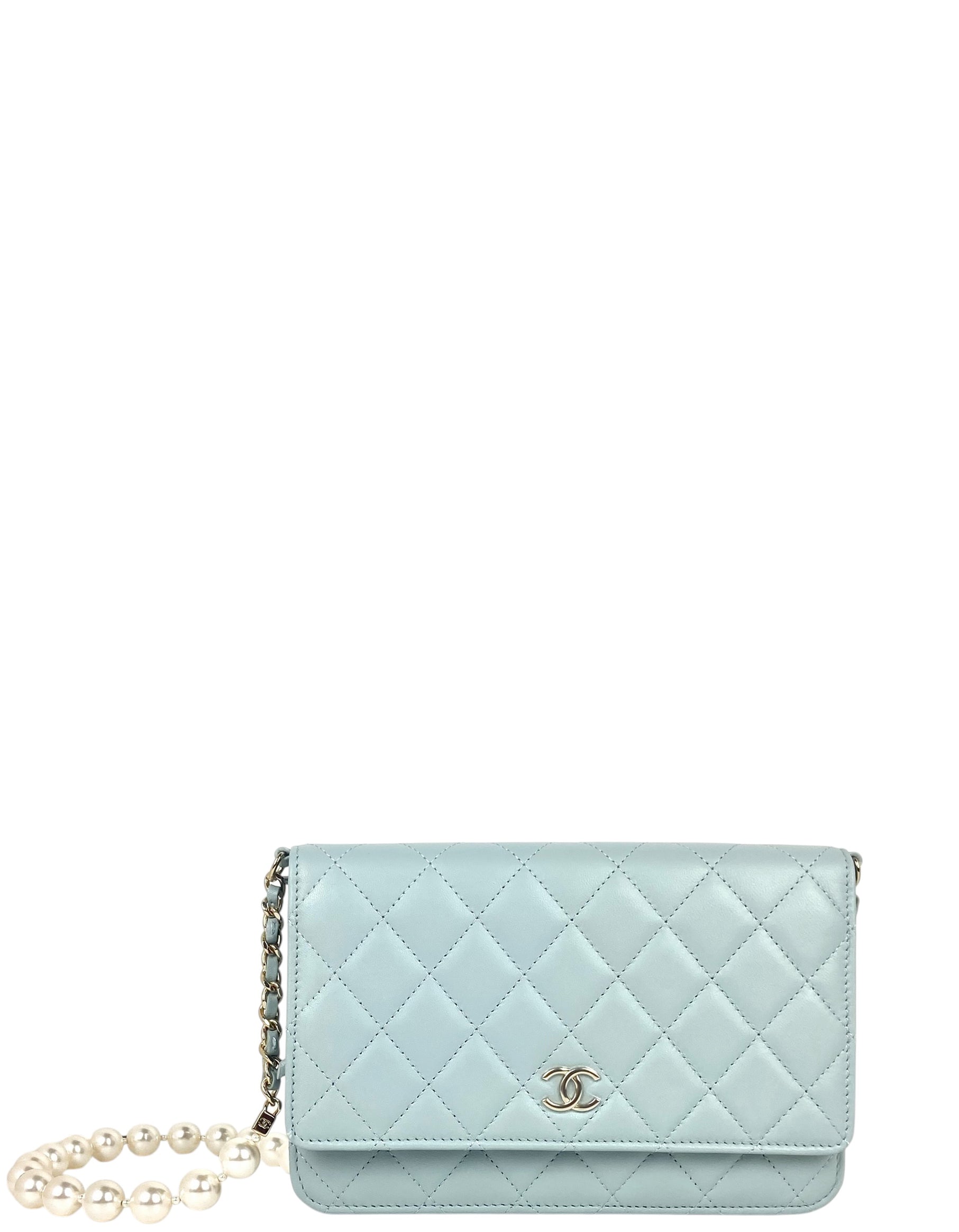 Chanel Light Blue Lambskin Pearl WOC Handbag