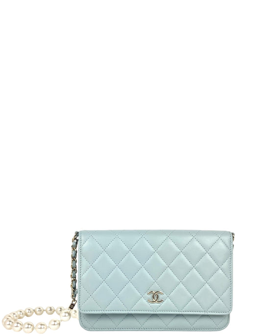 Chanel Light Blue Lambskin Pearl WOC Handbag