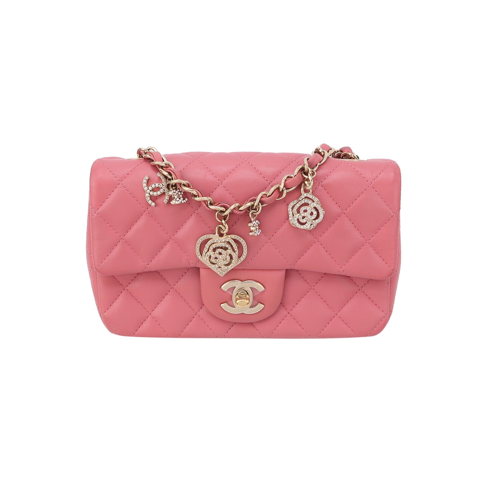 Chanel Classic Flap Rectangular Lambskin Hardware Charms Pink Gold Leather Key Chain