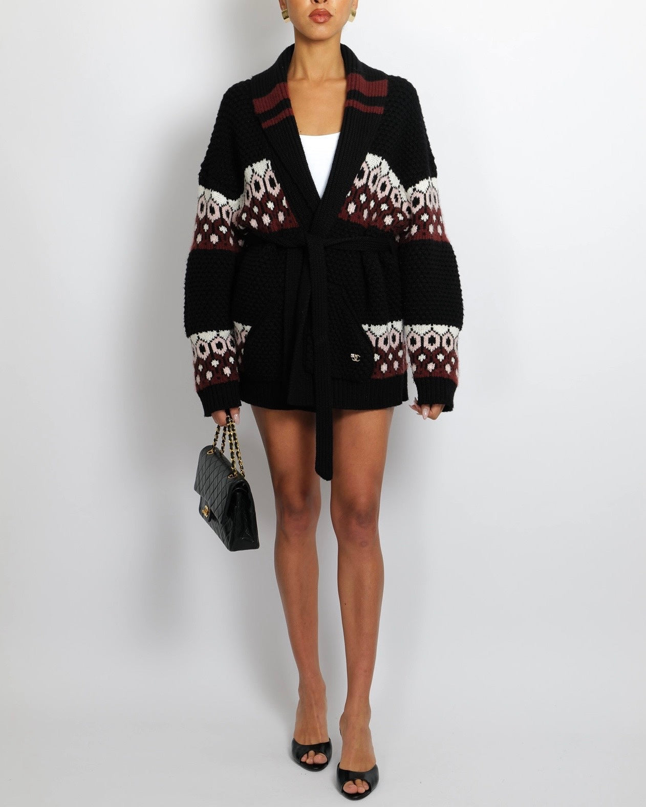 Chanel Black Cashmere Knit Belted Cardigan With Red, White, And Pink Pattern With Cc Logo Detail Size Fr 38 (Uk 10) Bag