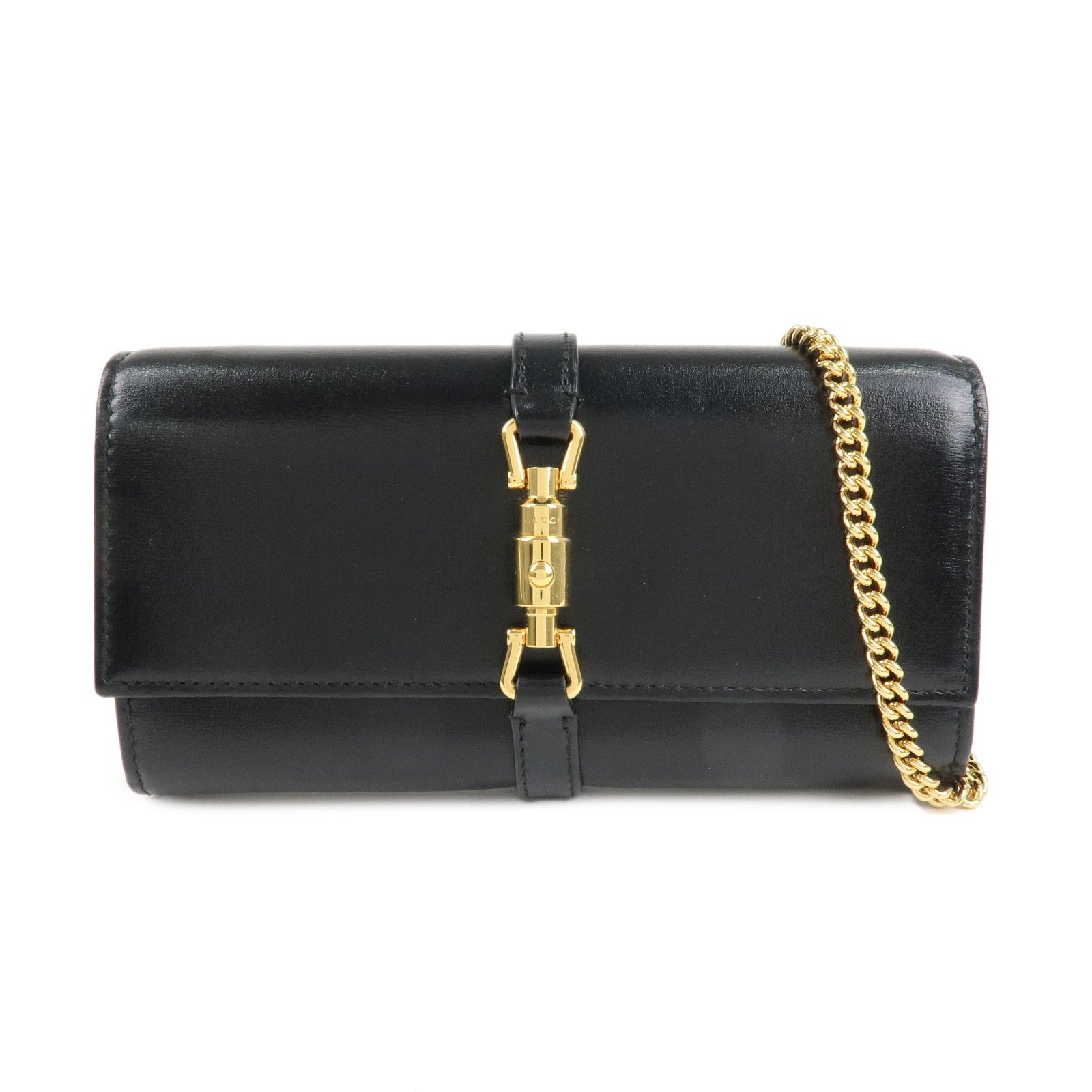 GUCCI Jackie 1961 Leather Chain Wallet WOC Black Gold 652681