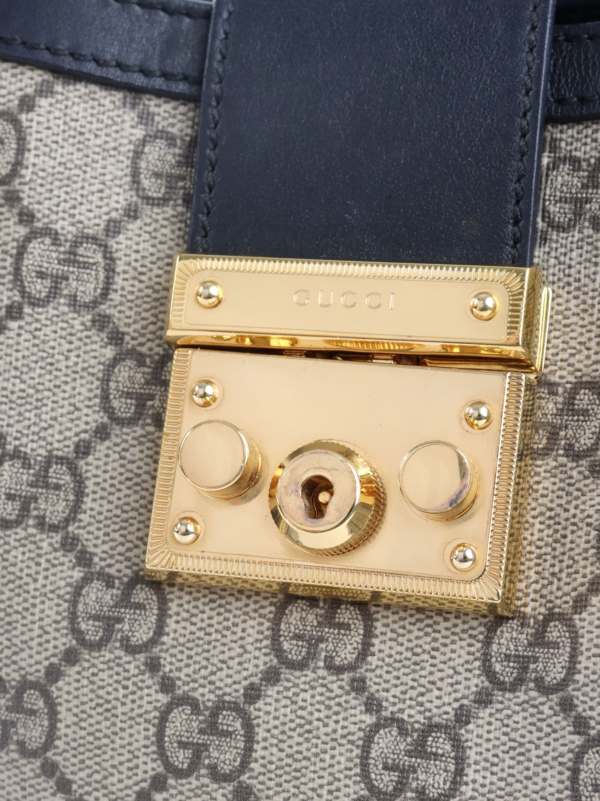 Gucci Small Black GG Supreme Canvas Padlock Tote.