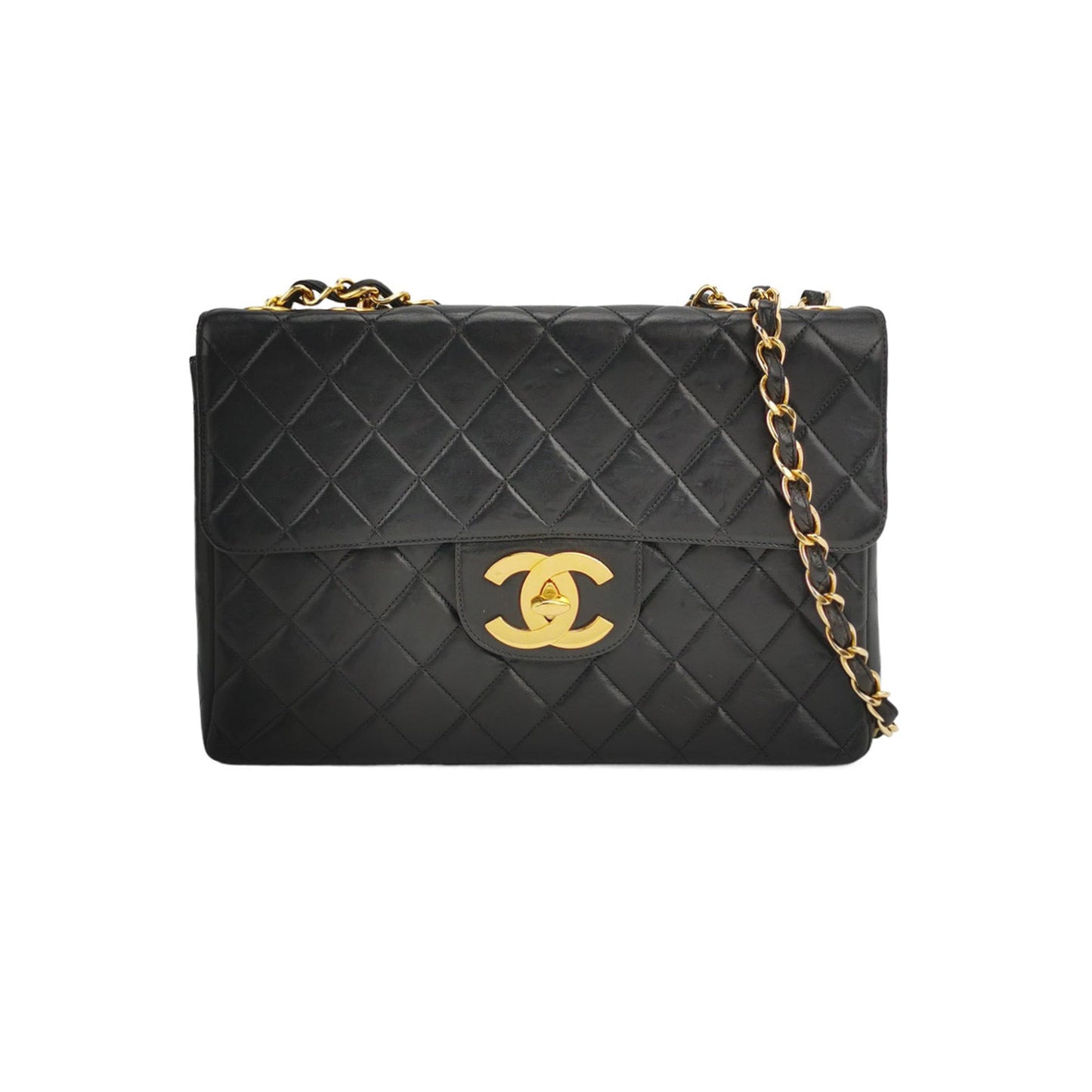 Chanel Classic Flap Lambskin 24k Plated Mega Black Gold Leather Handbag