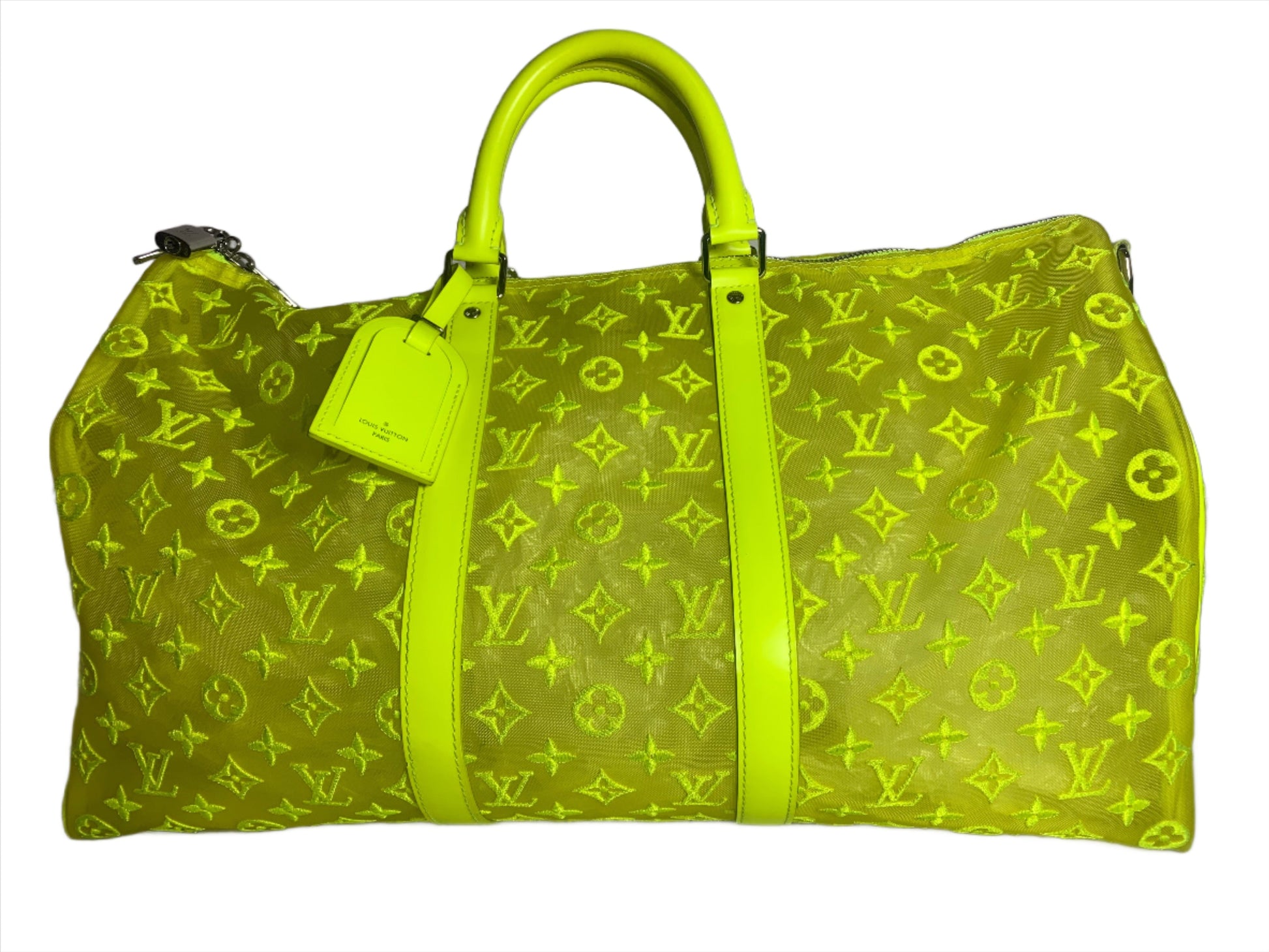 Louis Vuitton Keepall Bandouliere Mesh 50 Mesh Monogram Leather Yellow Pink Travel Bag