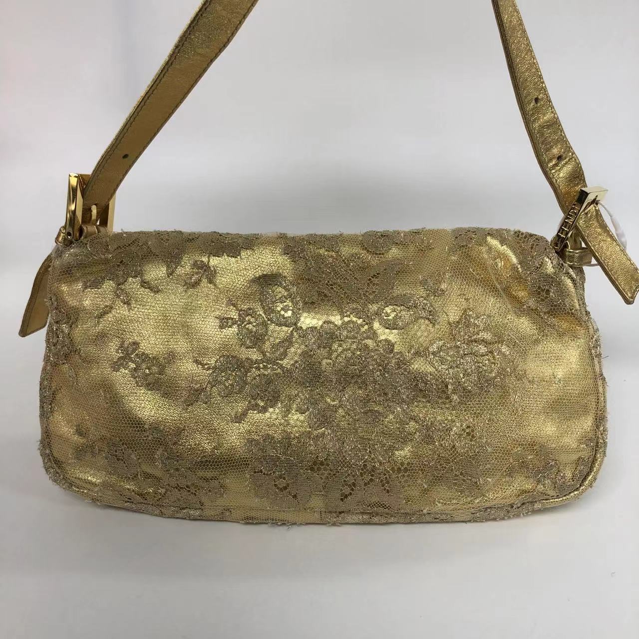 Fendi Baguette With Lace Embroidery Handbag Leather Gold Shoulder Bag