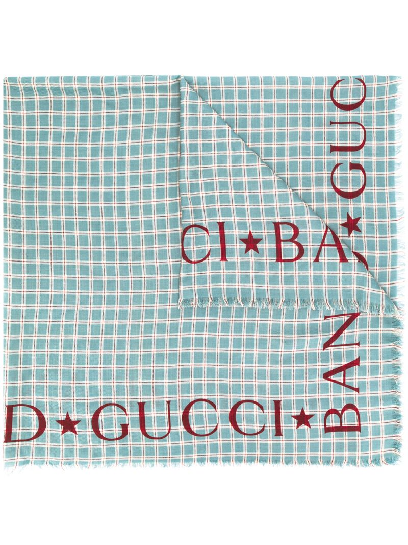 Gucci - logo-print plaid scarf - men - Wool - One Size - Blue
