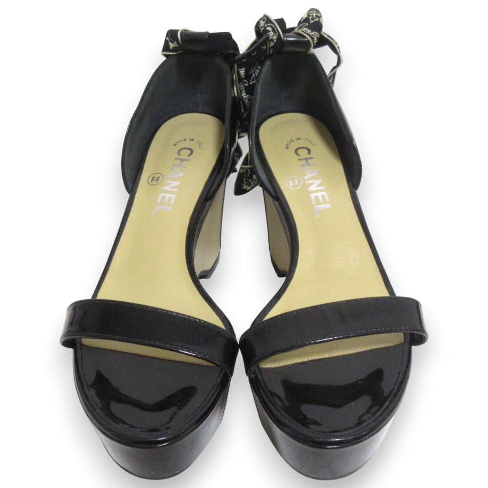 Chanel Patented Leather Platform Ribbon Ankle Strap Sandals