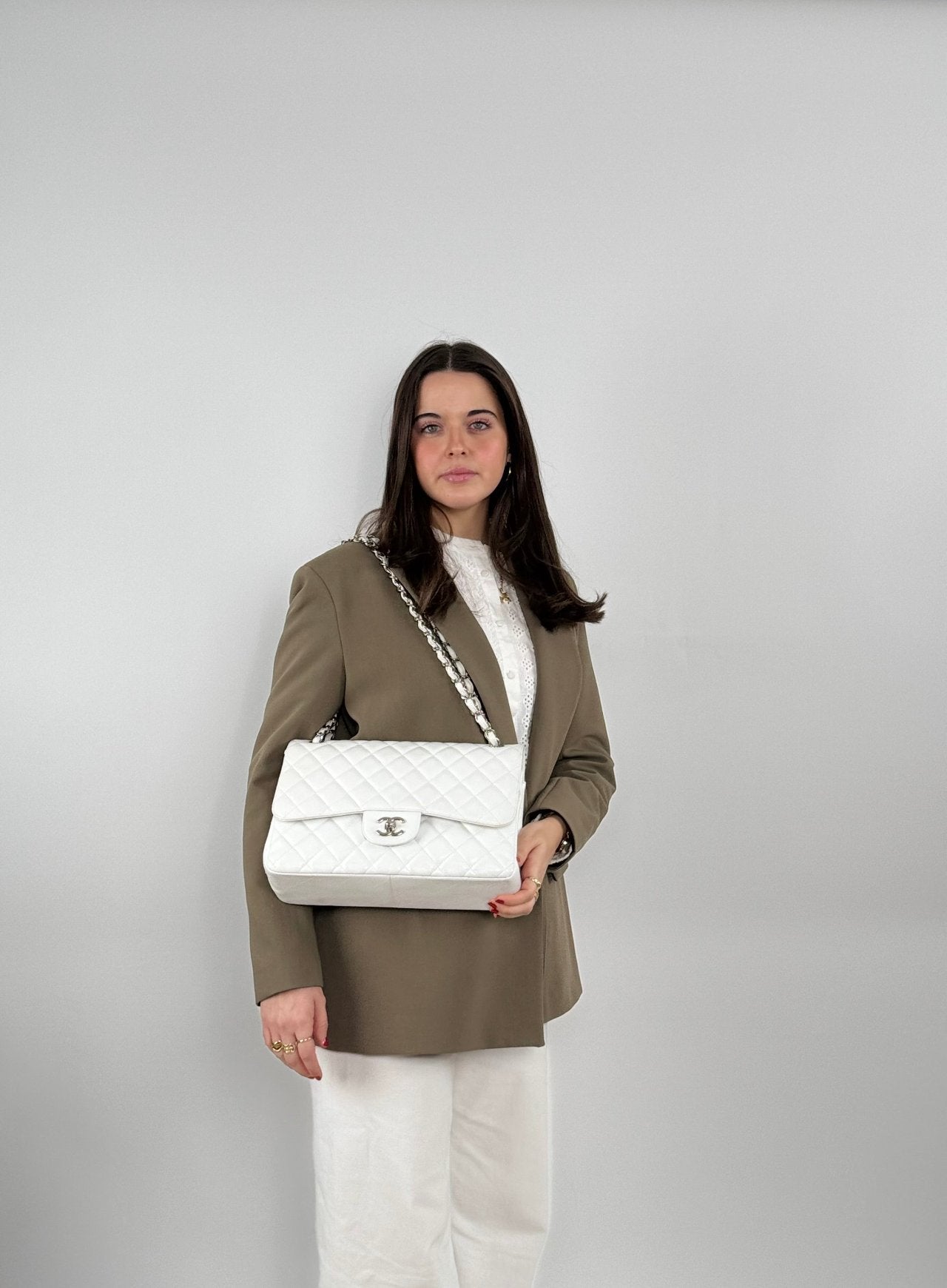 Chanel White Jumbo classic Double Flap Bag In Caviar Leather with silver Hardware