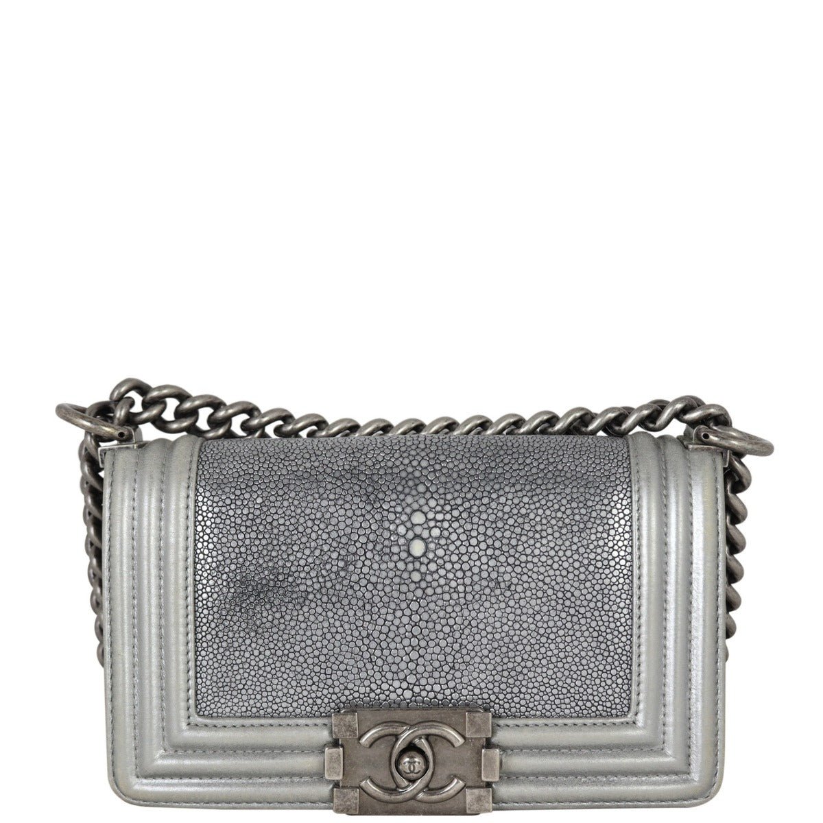 Chanel Boy Galuchat Handbag Silver Small