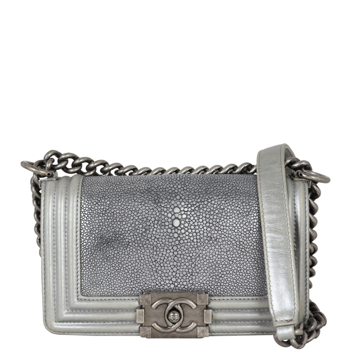 Chanel Boy Galuchat Handbag Silver Small