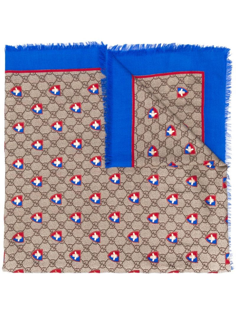 Gucci - GG and bees crest print scarf - men - Silk/Modal - One Size - Blue