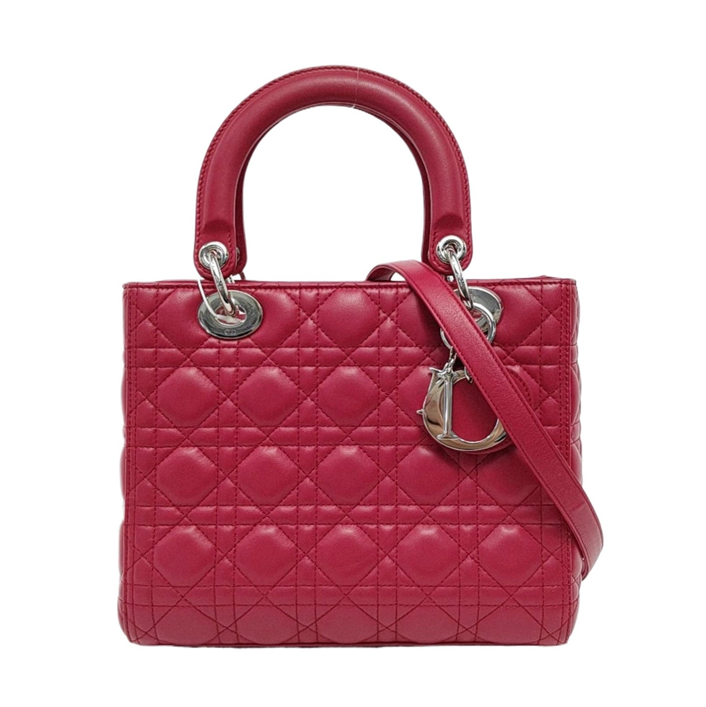 Dior Lady Medium Lambskin Hardware Strap Handbag Leather Red Travel Bag