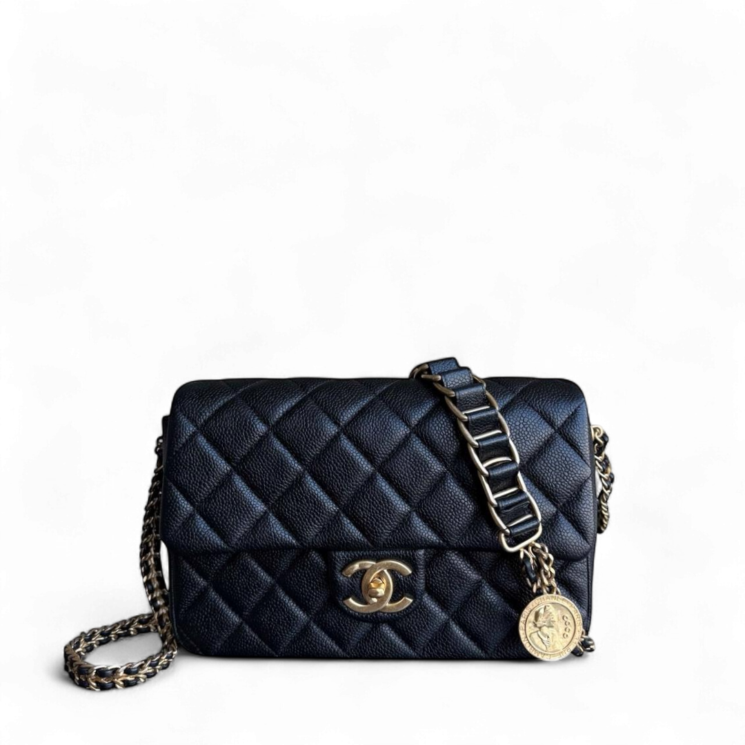 Chanel Seasonal Flap Bag - Caviar Medallion Soul Quilted Black Handbag Microchip