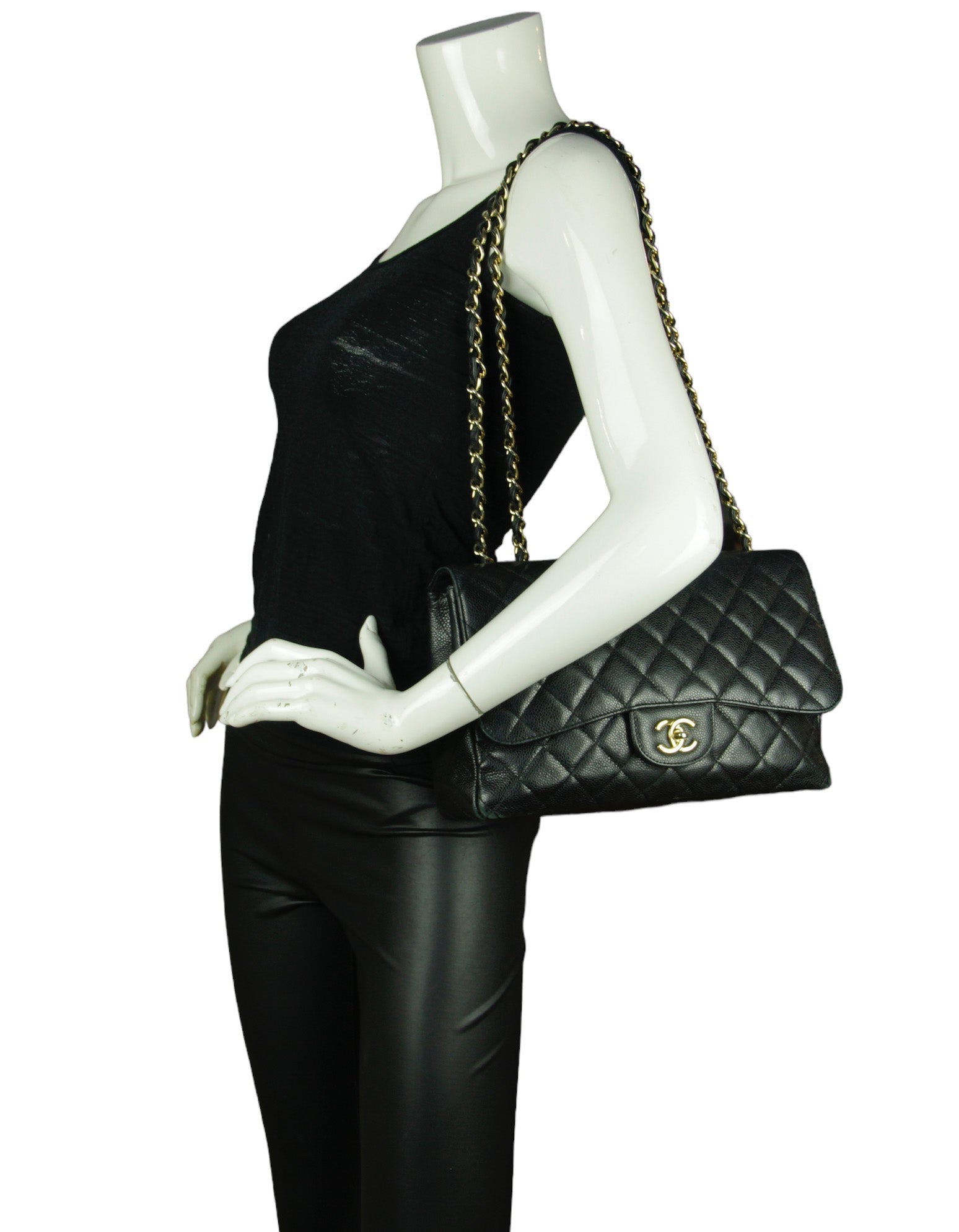 Chanel Black Caviar Leather Single Flap Jumbo Classic Women Shoes