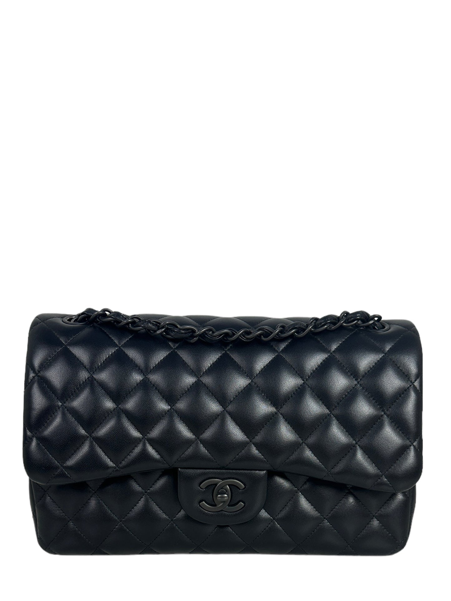 Chanel SO Black Lambskin Leather Quilted Classic Double Flap Jumbo Bag