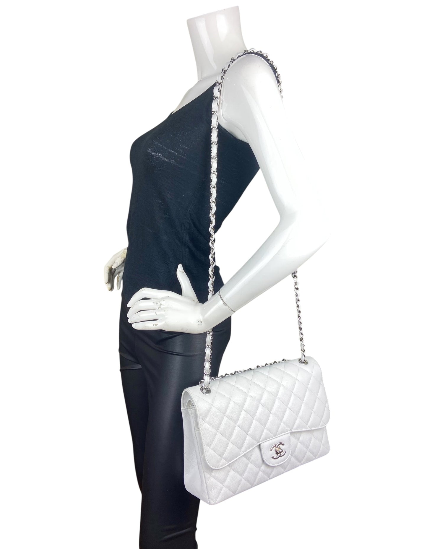 Chanel White Caviar Leather Single Flap Jumbo Bag