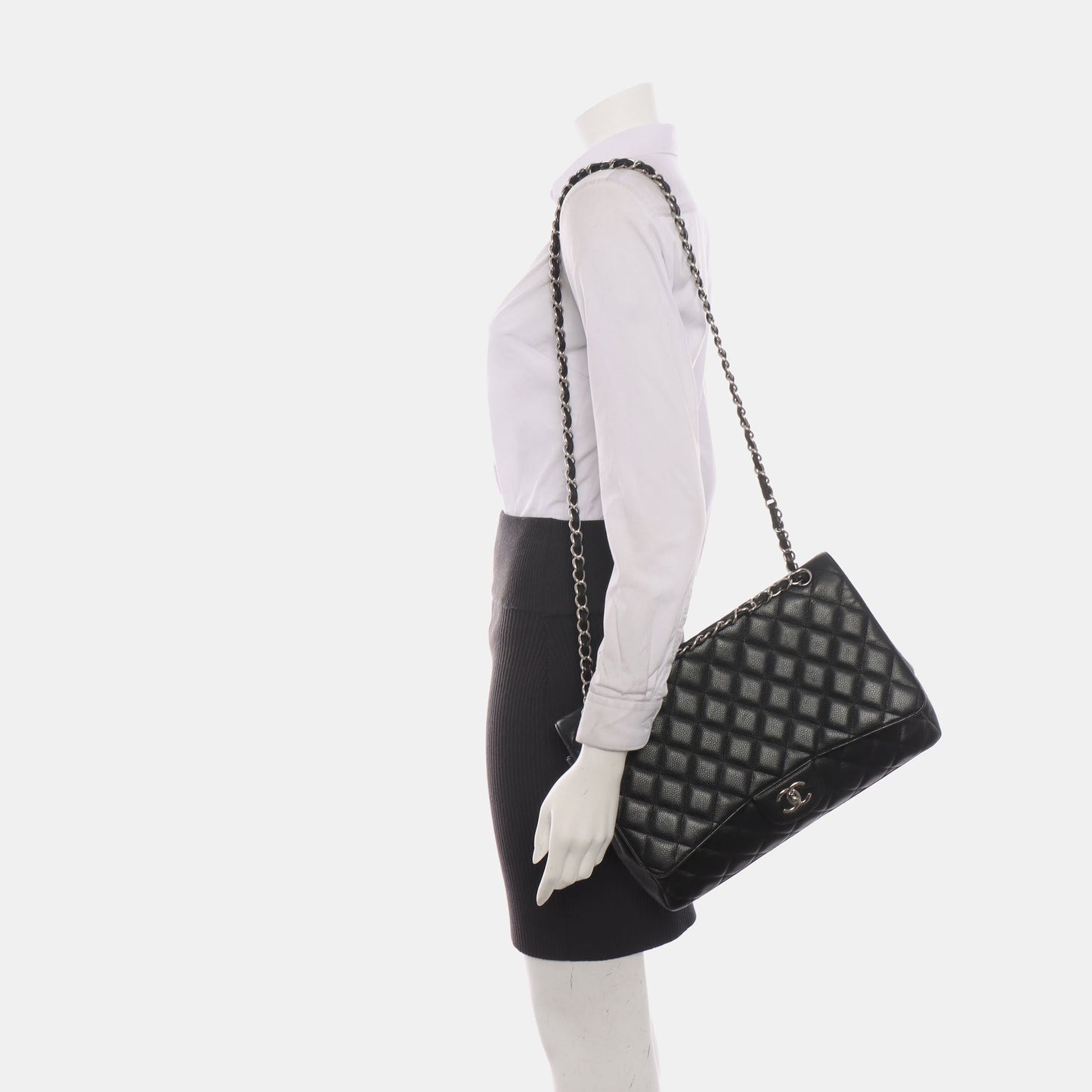 Chanel Classic Flap Maxi Caviar Single Flap Black Silver Leather Handbag