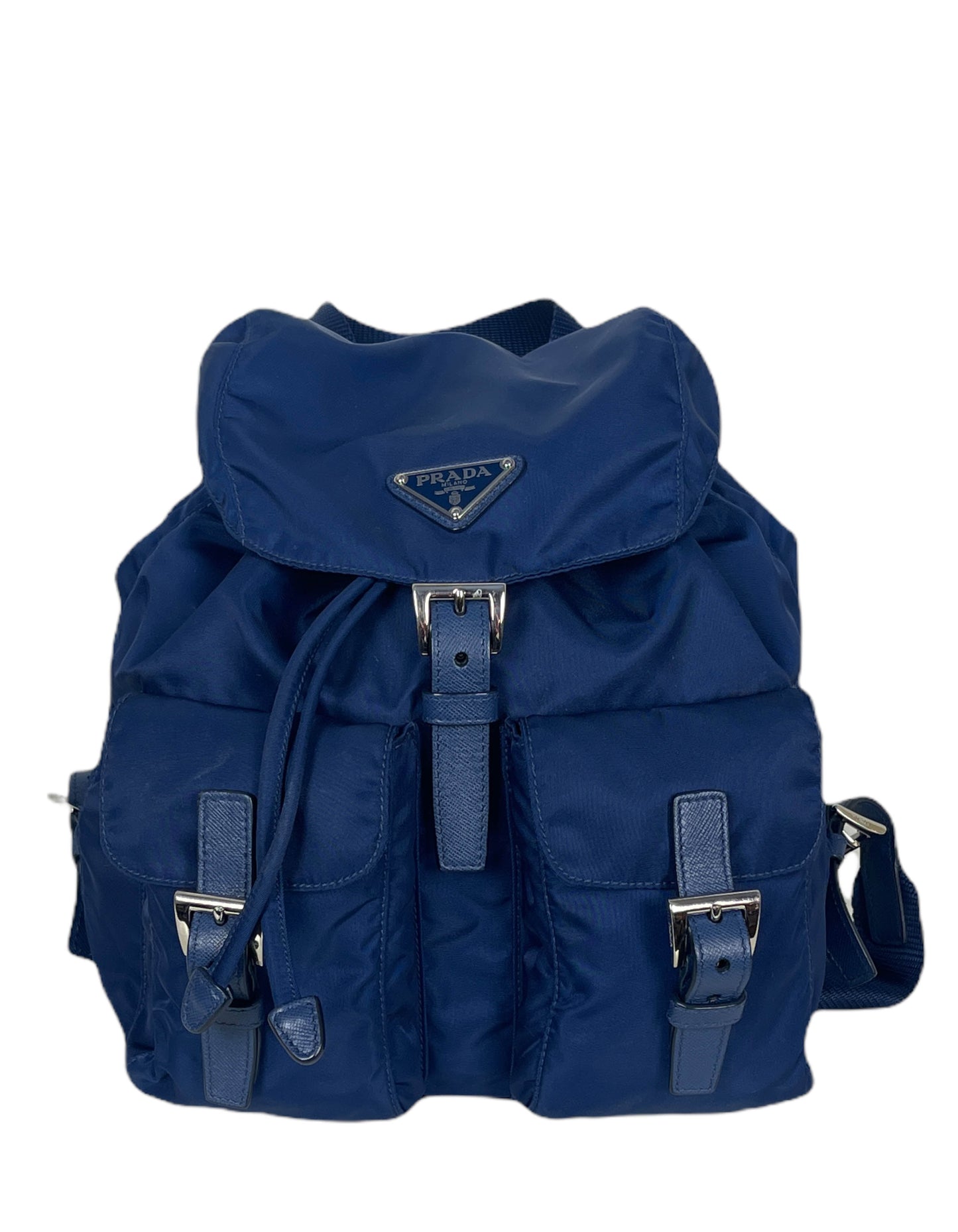 Prada Handbag Backpack Bag w Front Buckle Pockets Nylon Blue Navy