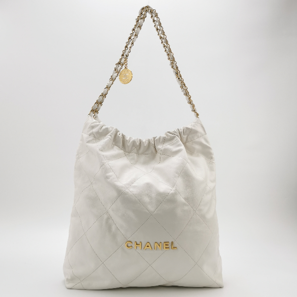 Chanel 22 Hobo Shiny Calfskin -tone Hardware White Gold Leather Shoulder Bag