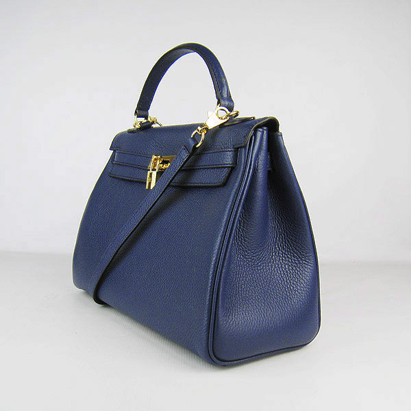 Hermes Luxury Kelly Cm Togo Dark Golden Handbag Leather Blue Travel Bag