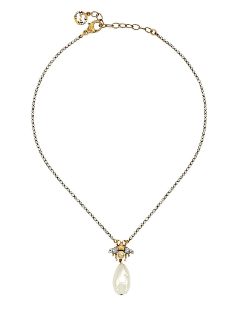 Gucci - bee drop pearl charm necklace - women - Crystal/glass/Gold Plated Metal - One Size - SILVER