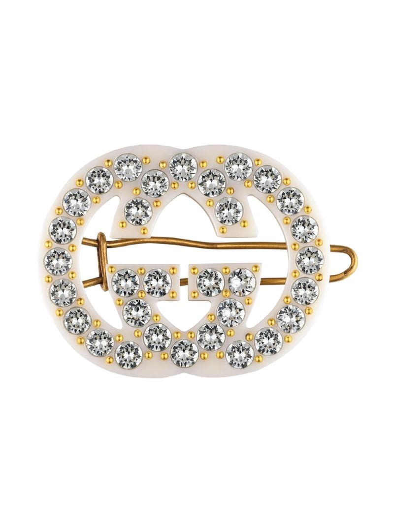 Gucci - crystal-embellished interlocking G hair slide - women - Crystal/Resin/Gold Plated Metal - One Size - White
