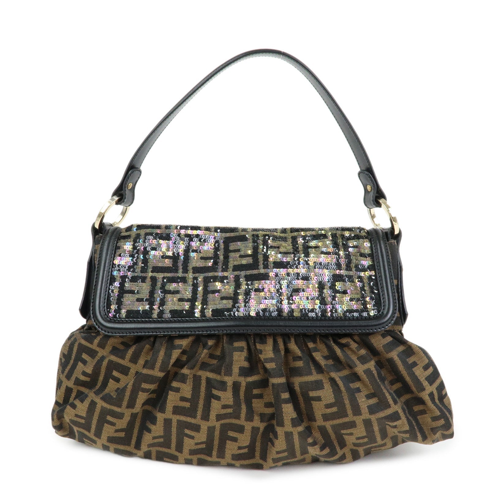 Shoulder Bag Zucca Sequined Leather Canvas Brown