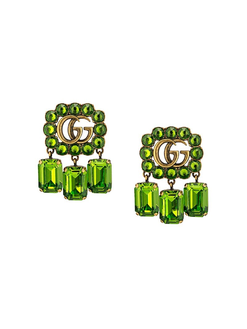 Gucci - Double G crystal clip-on earrings - women - Crystal/Gold Plated Metal - One Size - Green