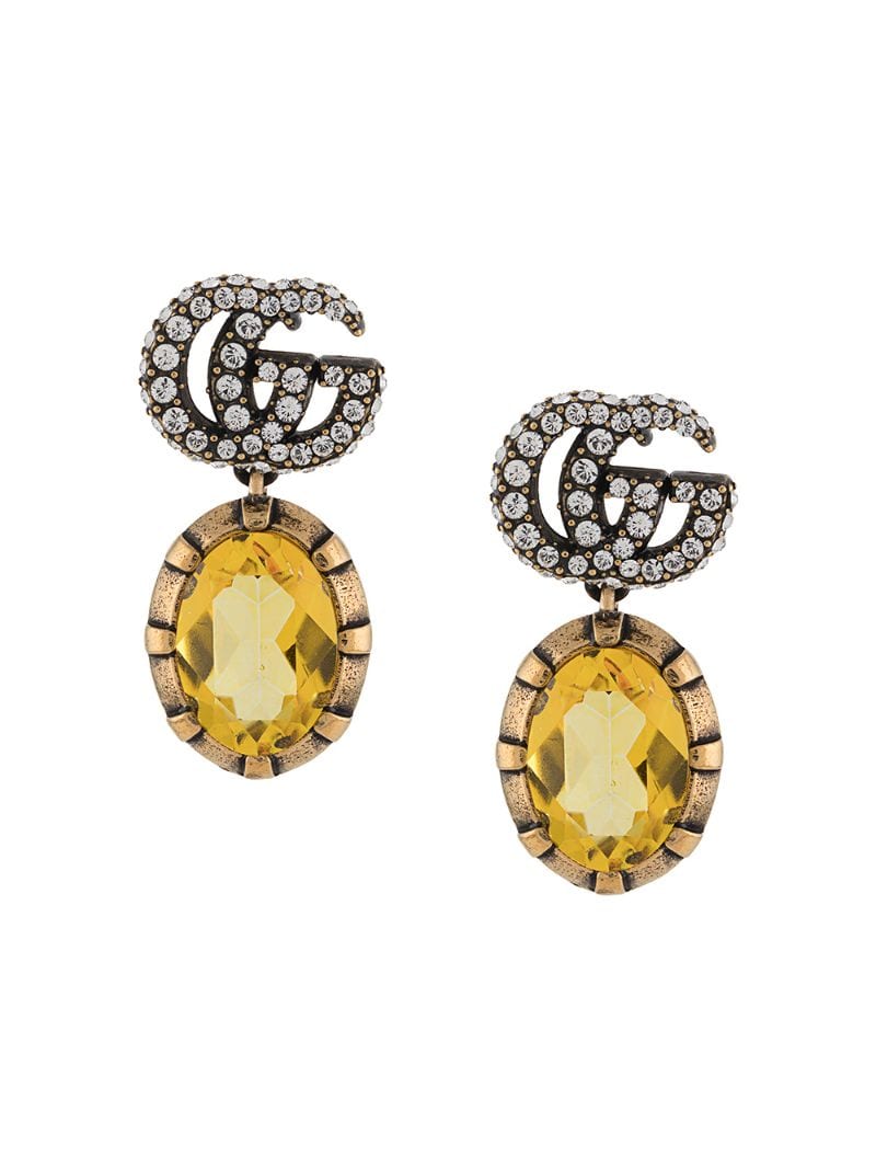 Gucci - Double G crystal-embellished earrings - women - Brass/Crystal - One Size - yellow