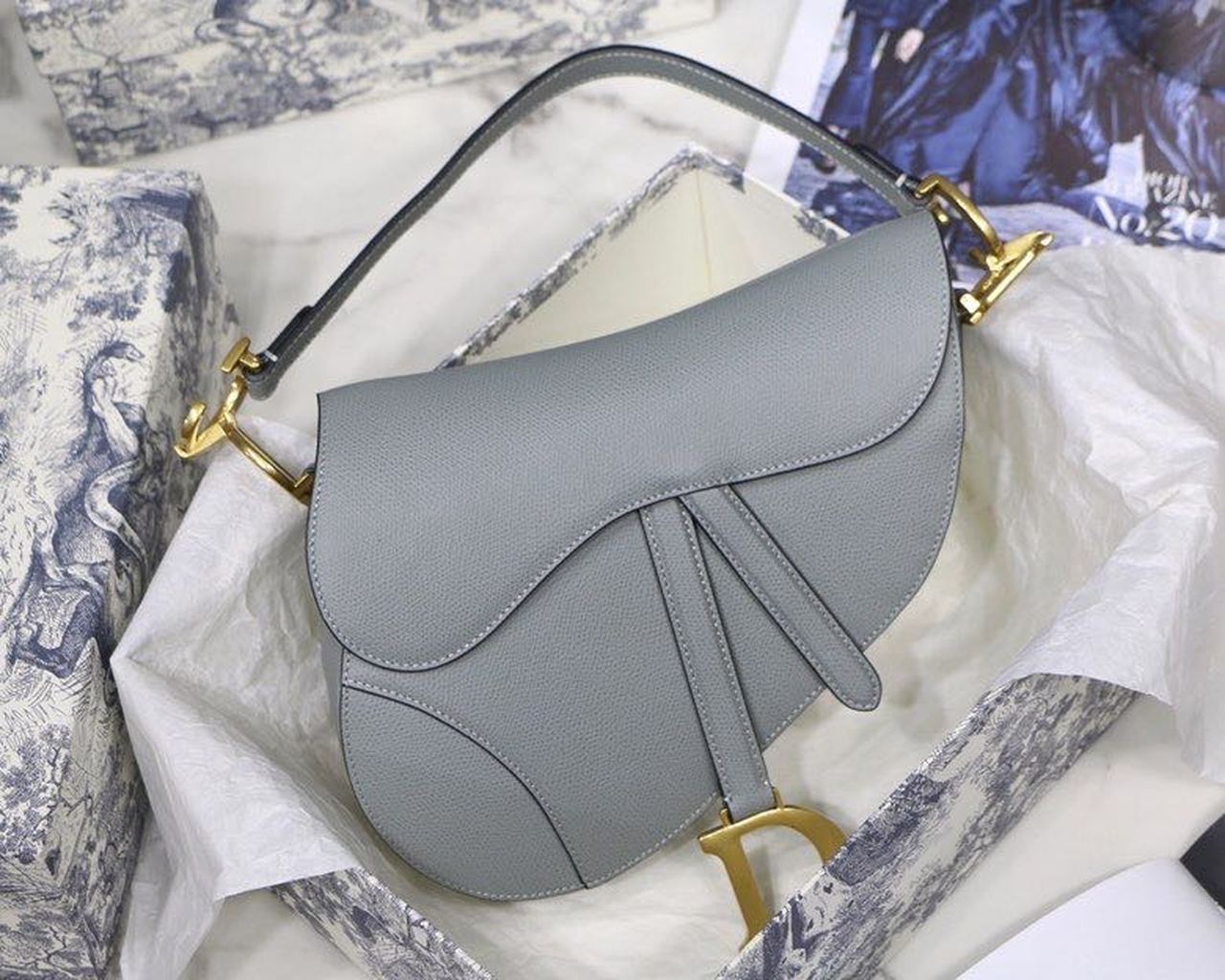 Saddle Light Grained Toned Hardware Blue Gold Travel Bag