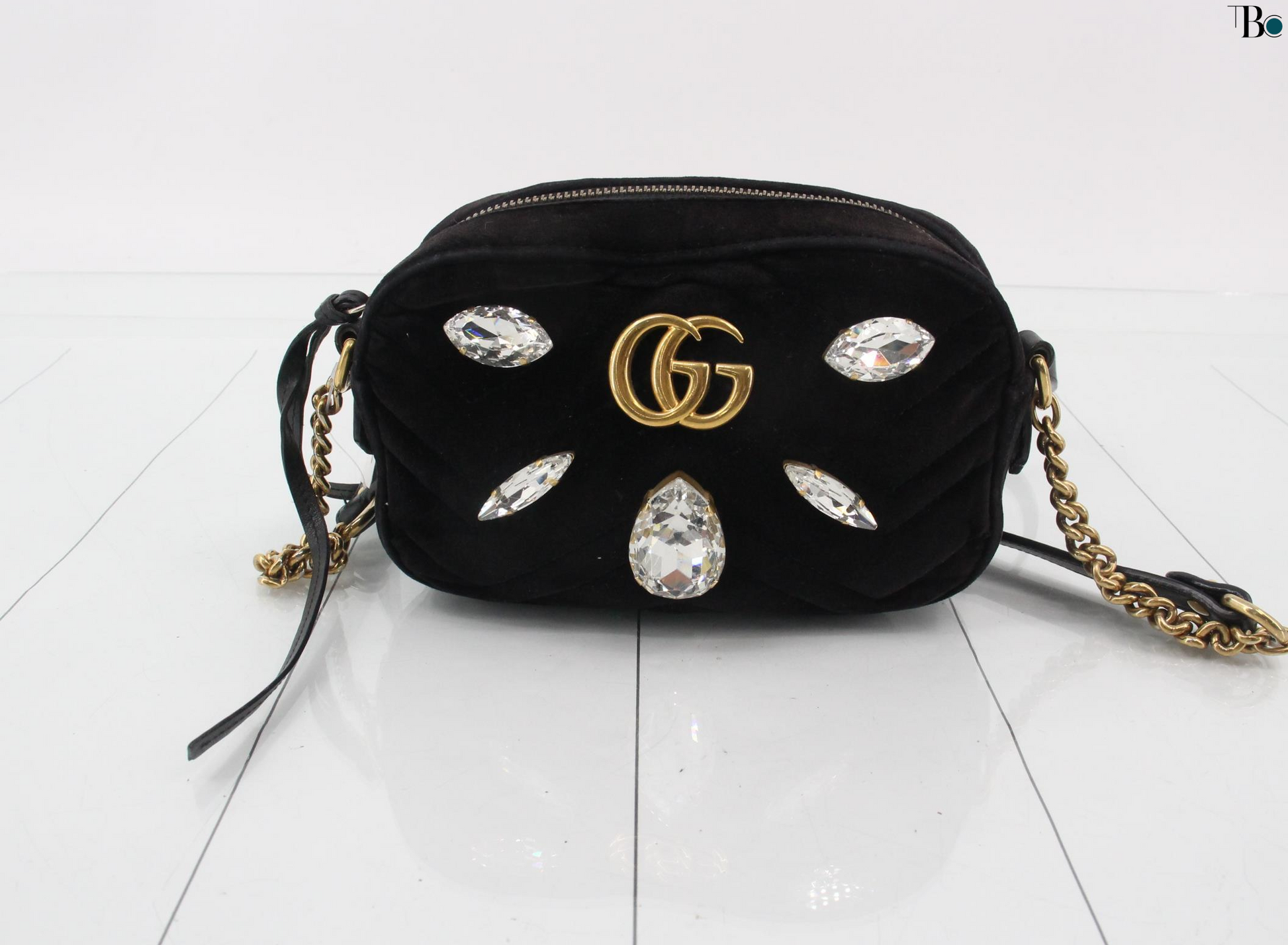 Gucci Gg Marmont Flap Bag Crystal Embellished Matelasse Velvet Black Velvet Shoulder Bag Bag