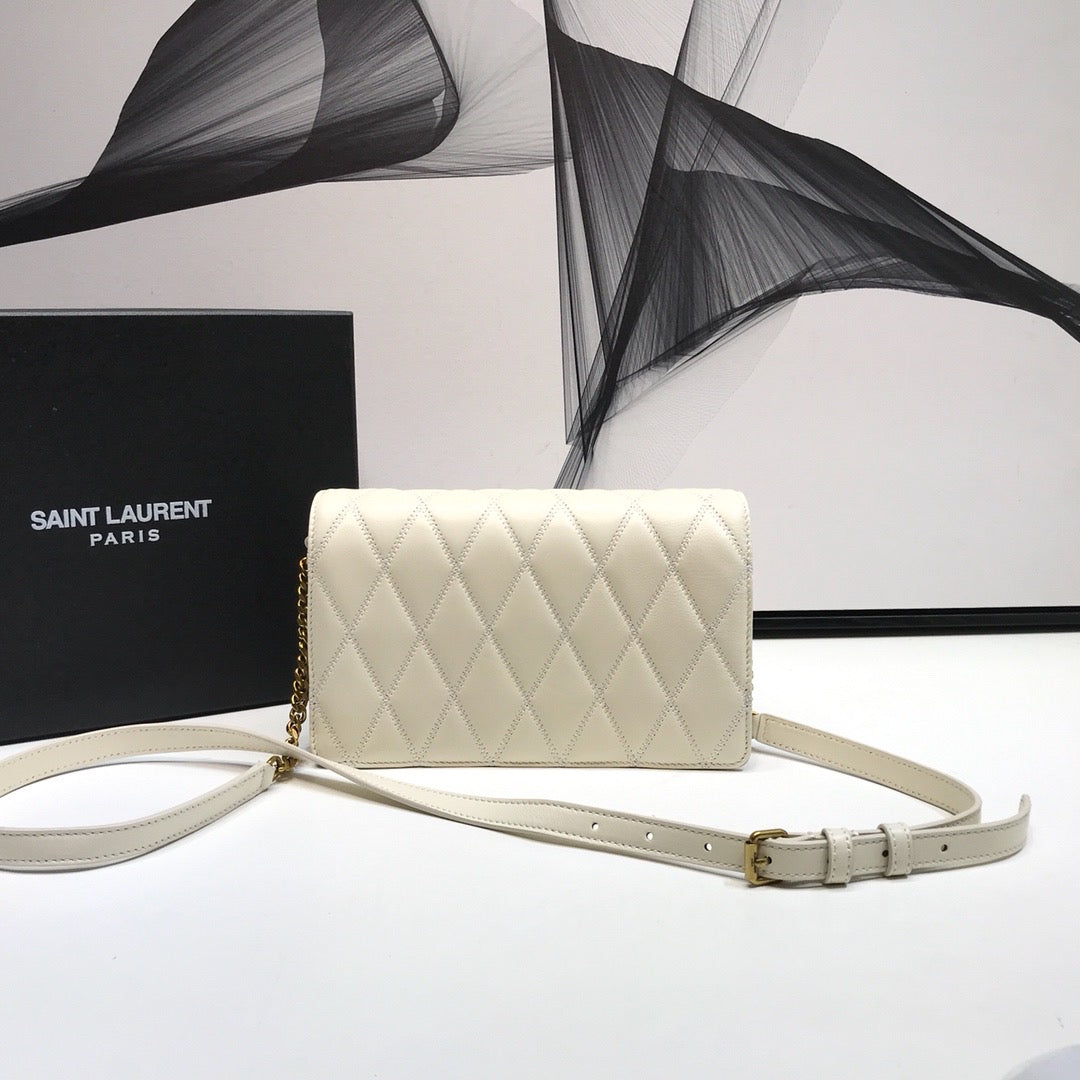 YSL Saint Laurent Angie 8in 22cm Patent White Handbag