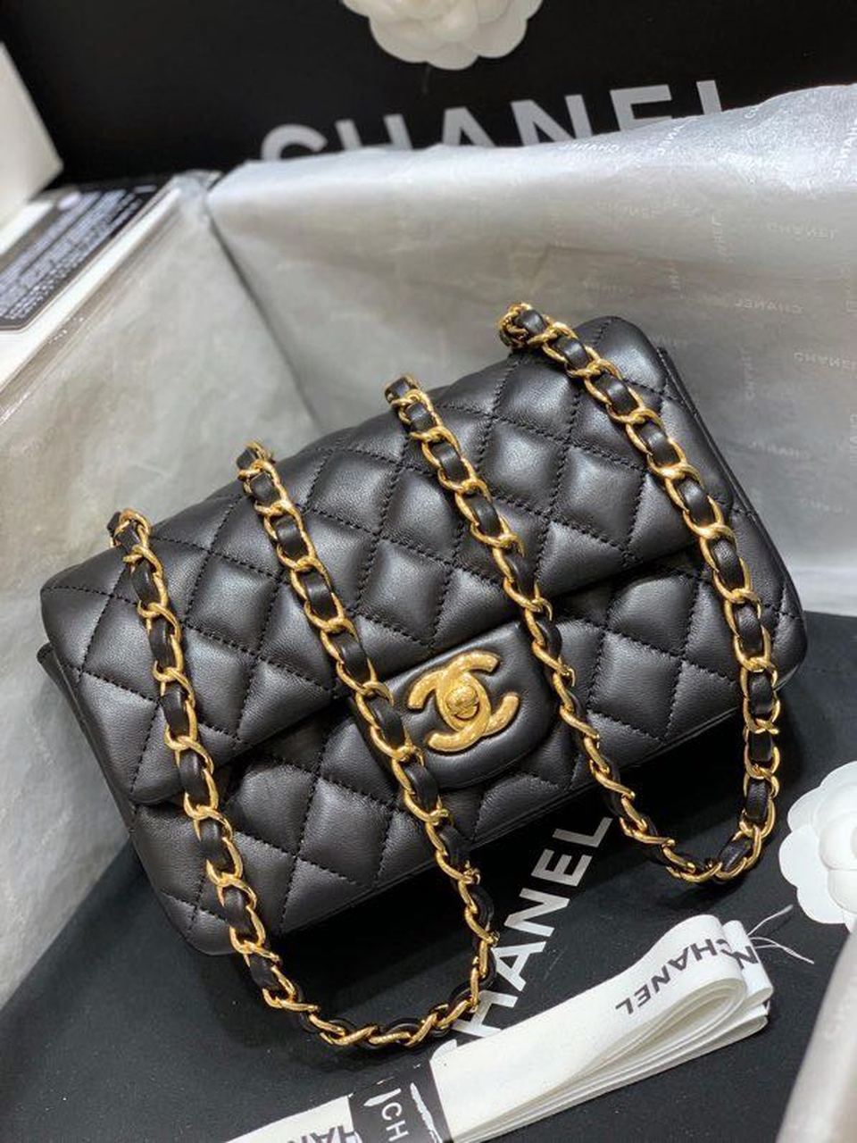 CHL Classic Toned Hardware , Black Gold Flap Crossbody Bag