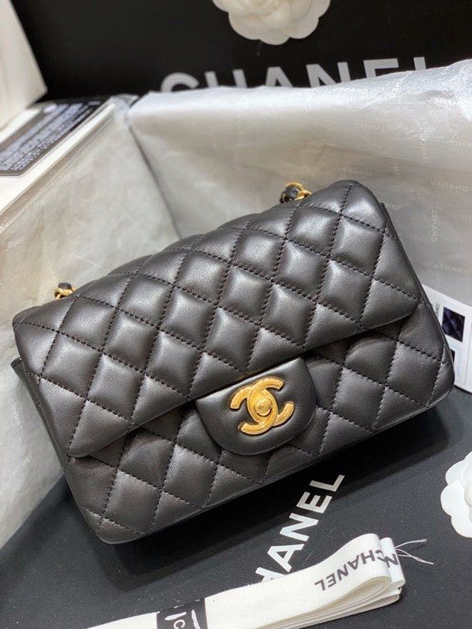 CHL Classic Toned Hardware , Black Gold Flap Crossbody Bag