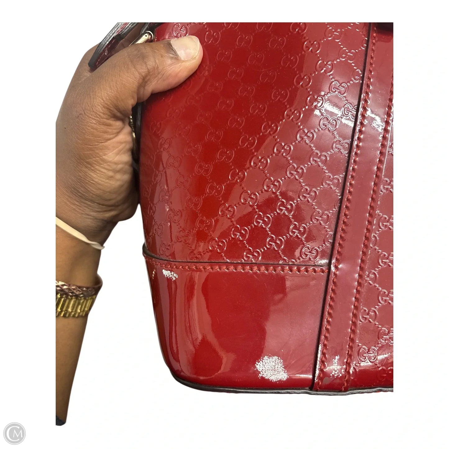 Handbag Luxury Designer By Gucci, Size: Large Patent Satchel