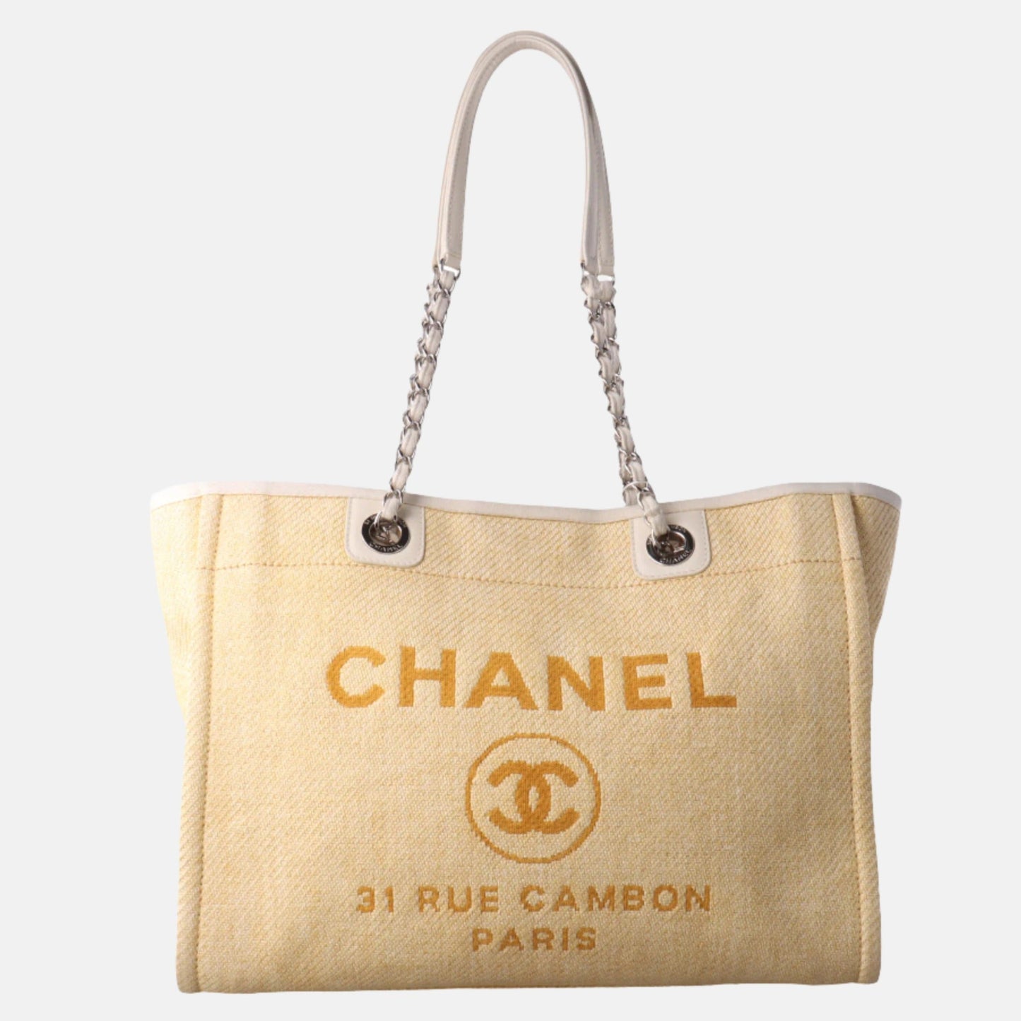 Chanel Deauville Yellow Denim Trim Small Leather Tote Bag