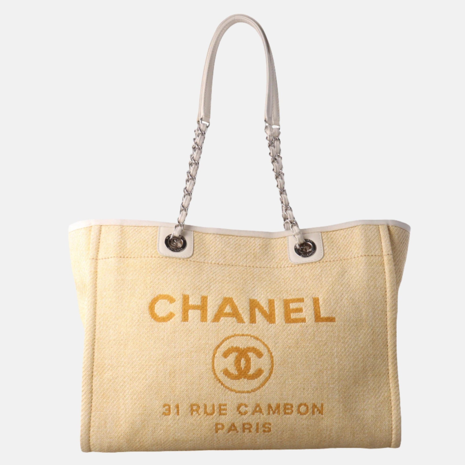 Chanel Deauville Yellow Denim Trim Small Leather Tote Bag