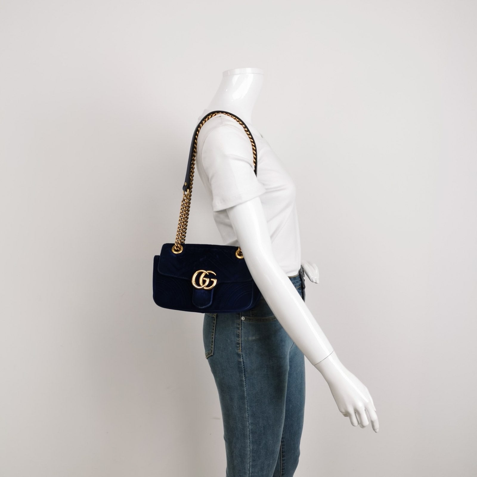 Gucci Marmont Velvet Navy Mini Flap Travel Bag