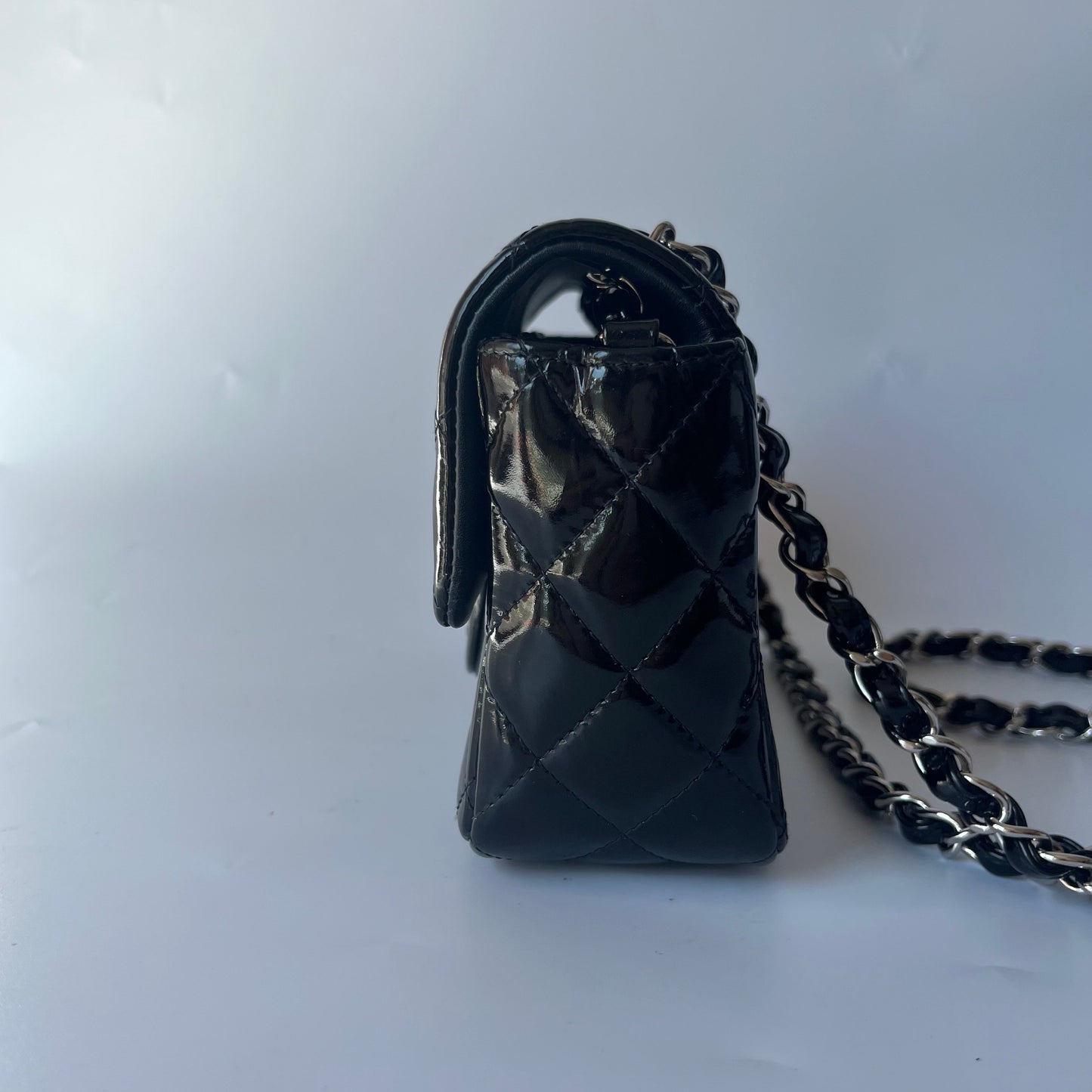 Chanel Classic Flap Rectangular Patent Hardware Black Silver Leather Mini Bag Silver Hardware