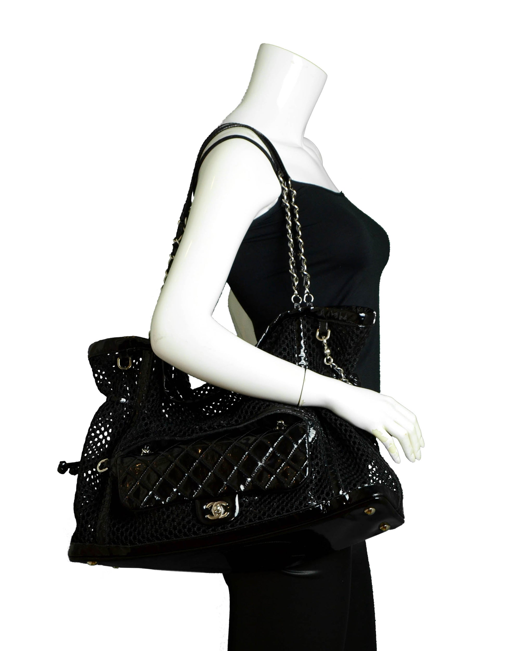 Chanel Black Mesh & Patent La Madrague 2 In 1 Tote/ Quilted Flap Bag
