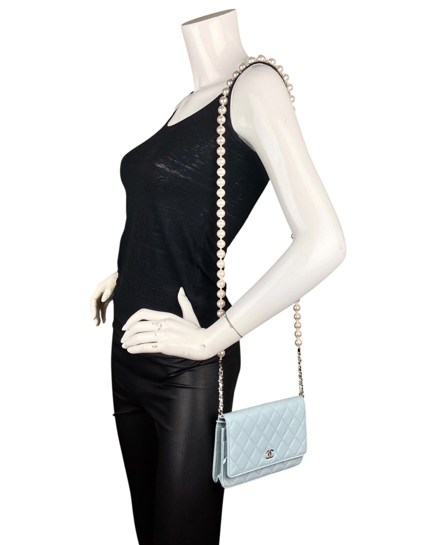 Chanel Light Blue Lambskin Pearl WOC Handbag