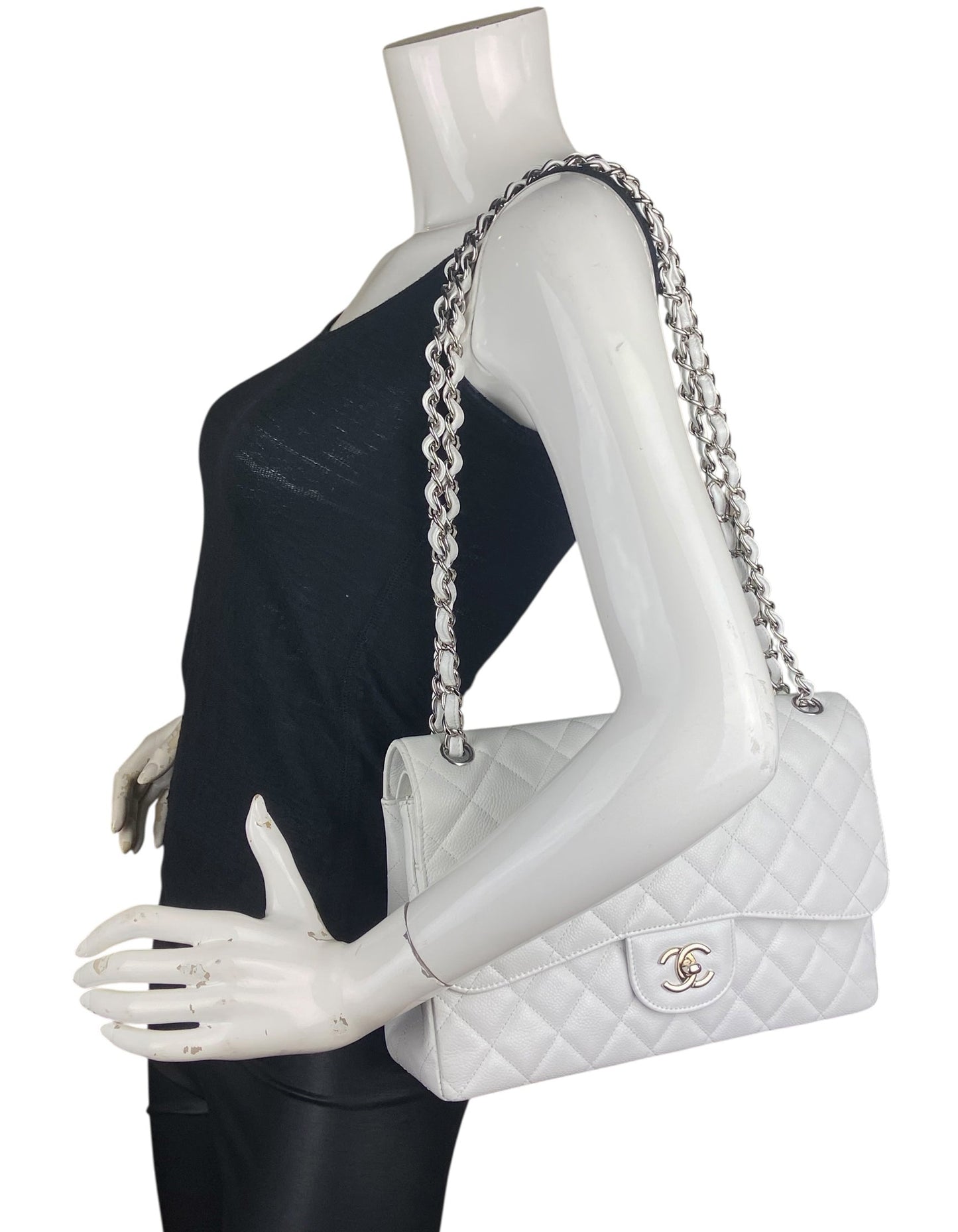 Chanel White Caviar Leather Single Flap Jumbo Women Shoes