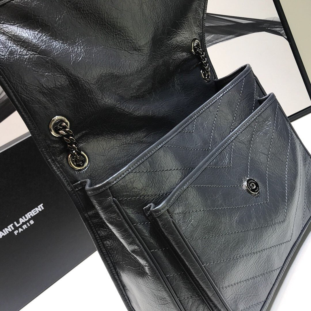 YSL Saint Laurent Niki Crinkled 11in 28cm Grey Medium Chain Handbag